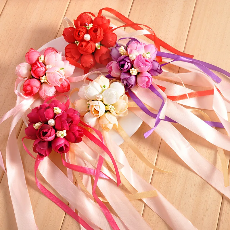 Pulseira de flores de pulso para madrinhas, braceletes com pérolas corsage, enfeites de vestido de festa, casamento, meninas e outras ocasiões