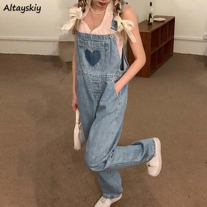 Women Jumpsuits Wide-leg High Waist Denim Trousers Baggy College Cute Pocket Summer Casual All-match Straight Slim Overalls Chic