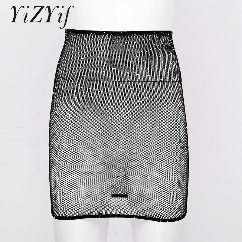 Women Shiny Rhinestone Bodycon Skirt Sexy See Through Mesh Mini Skirt Music Featival Dancing Costume Sexy Night Club Wear Skirts