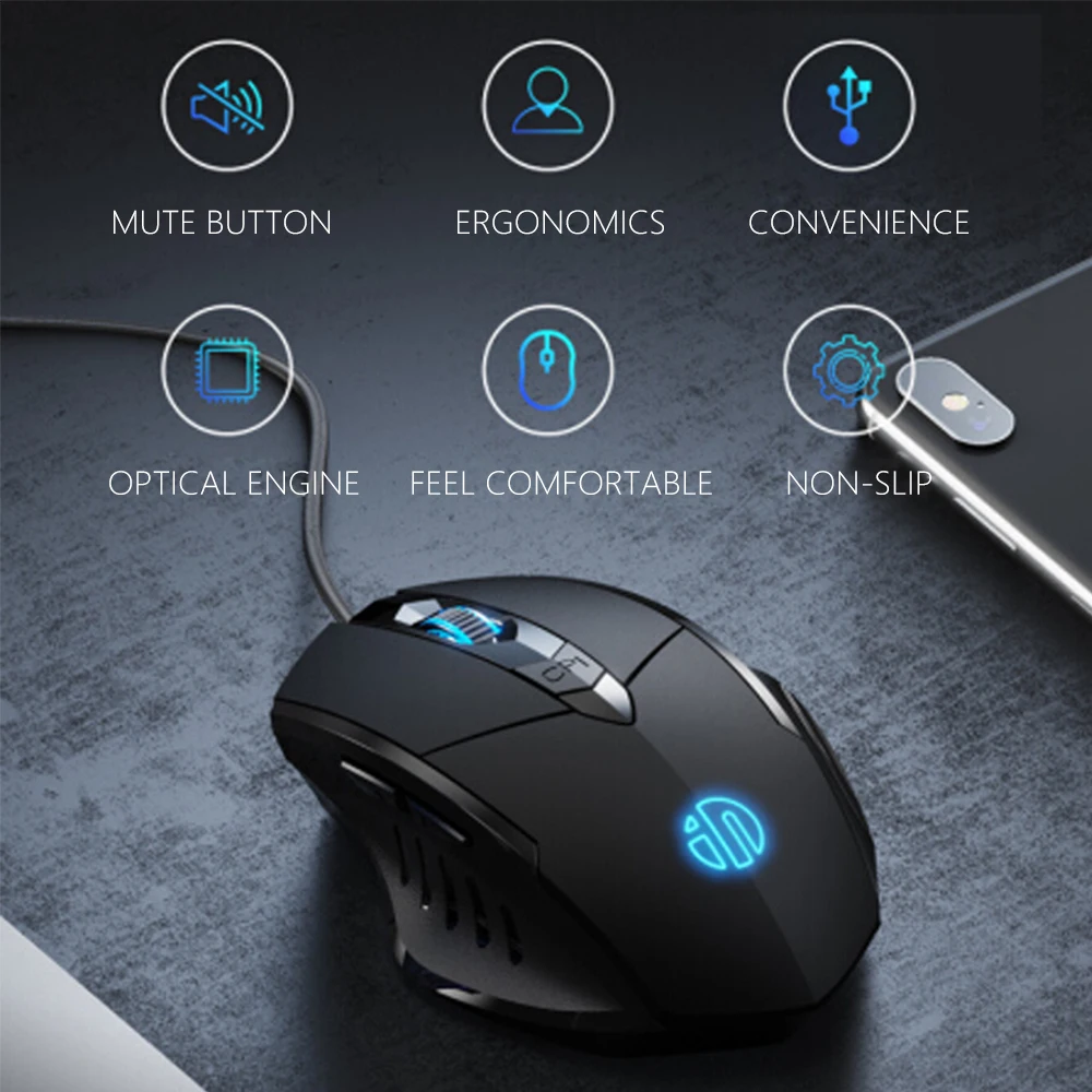 Inphic PW1 เมาส์สําหรับเล่นเกม 6 ปุ่ม Macro Definition Glowing Mute Mouse 4000DPI Optical USB แบบมีสายเม้าส์สําหรับ PC Notebook