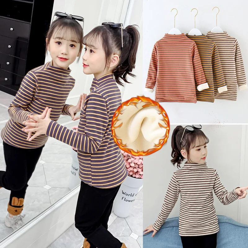 

Winter Girl Double Layer Thickening Top Kids Plus Velvet Bottoming Shirt Striped Brushed Elastic Half-high Collar Outwear