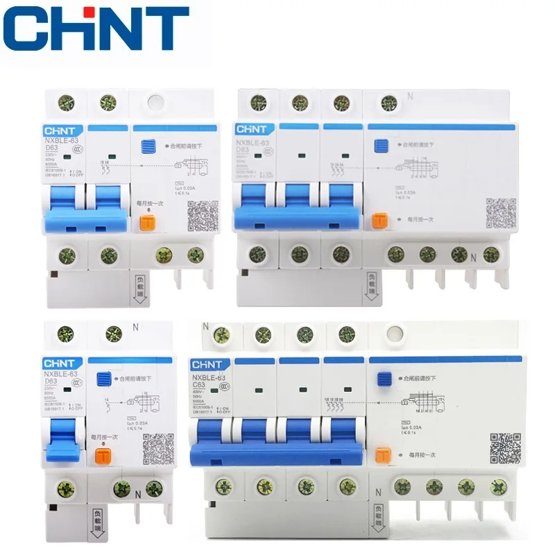 5 pcs CHNT NXBLE-63 Residual  current operated circuit breaker RCBO  6KA  type D  2P 30mA   6A 10A 16A 20A 25A 32A 40A 50A 63A