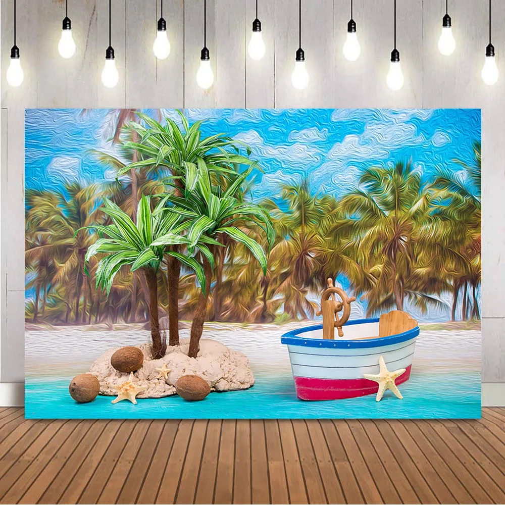 Summer beach backdrop for photography palm tree oil painting background for photo studio kids Children Portrait Photoshoot Props