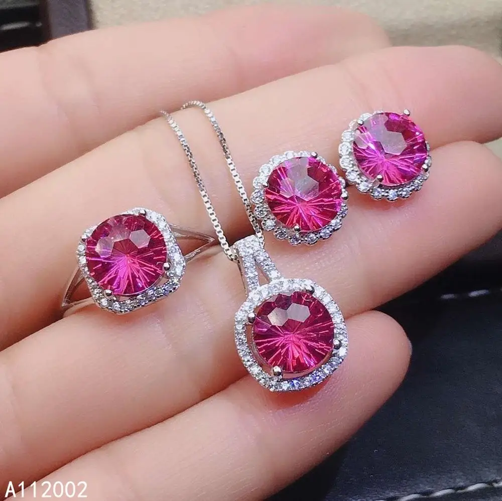 

KJJEAXCMY fine jewelry natural pink topaz 925 sterling silver women pendant necklace earrings ring set support test lovely