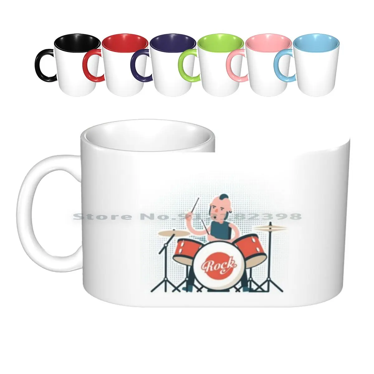 Cartoon Rock Drummer Playing On Drum Set. Ceramic Mugs Coffee Cups Milk Tea Mug Drum Whiskers Iroquois Drummer Earring Music