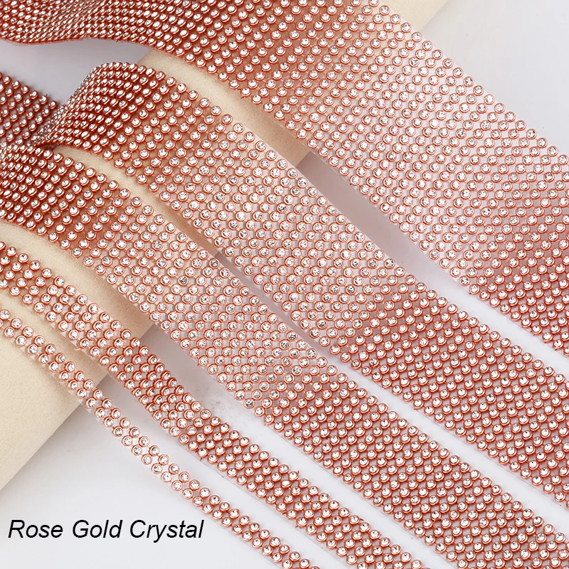 20 righe in oro rosa con strass nastro Trim Hotfix Base in oro rosa strass di cristallo nastro Trim diamante avvolgere ferro su abiti artigianato