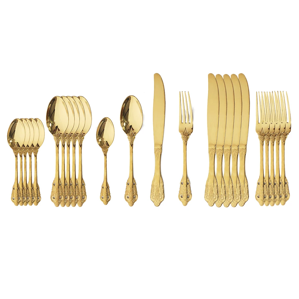 

24Pcs Luxury Vintage Tableware Set Gold Dinnerware Set Western Cutlery Set 304 Stainless Steel Knife Fork Spoon Silverware set