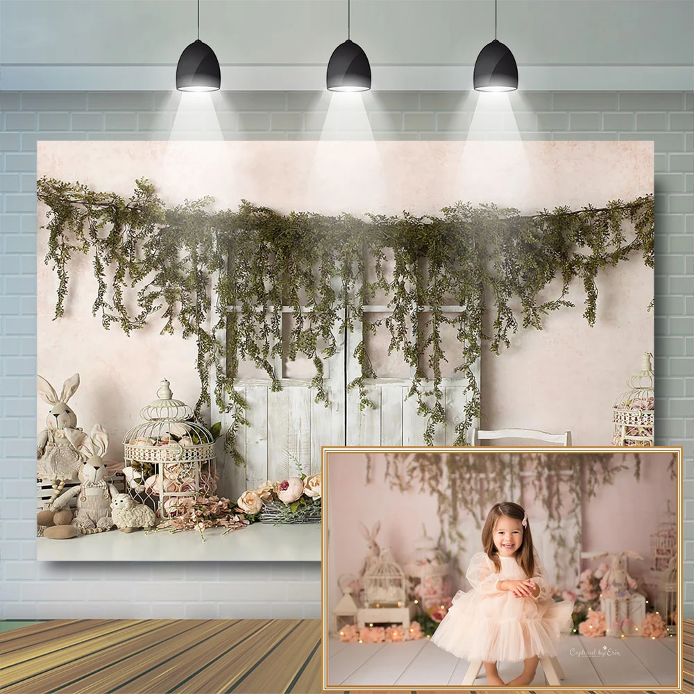Cake Smash-Toile de fond de photographie florale pour nouveau-né, arrière-plan de lapin, porte en bois, rose, fille, photobooth, décors de studio