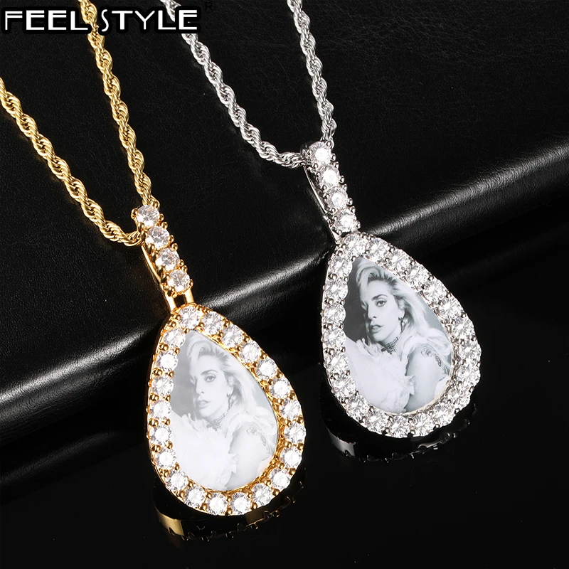 Hip Hop Personality Tear Drop-Shaped Custom Picture Memory Medallions Necklaces & Pendants For Men Women Jewelry With Solid Back