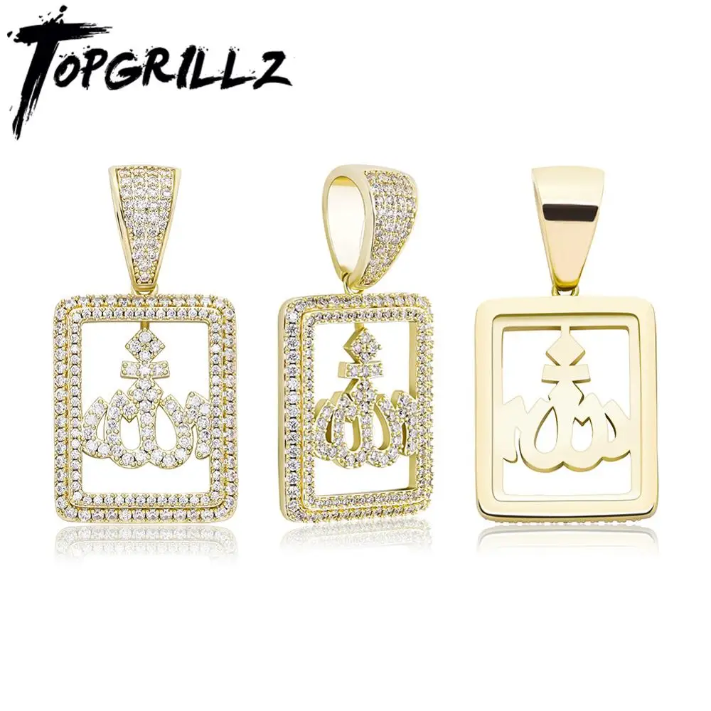 TOPGRILLZ New Allāh Pendant&Necklace Iced Out Cubic Zirconia Square Pendant With 4mm Tennis Chain Hip Hop Jewelry Peace and Love