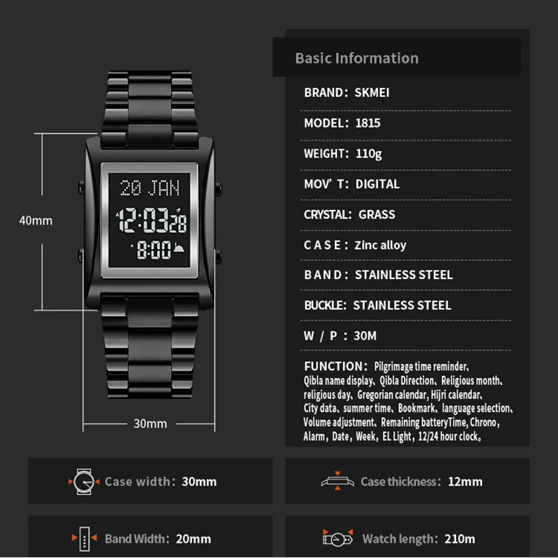 SKMEI Azan Watch for Muslim Prayer with Qibla Compass Islam Al-Harameen Fajr Time Clock Include Hijri Calendar montre homme