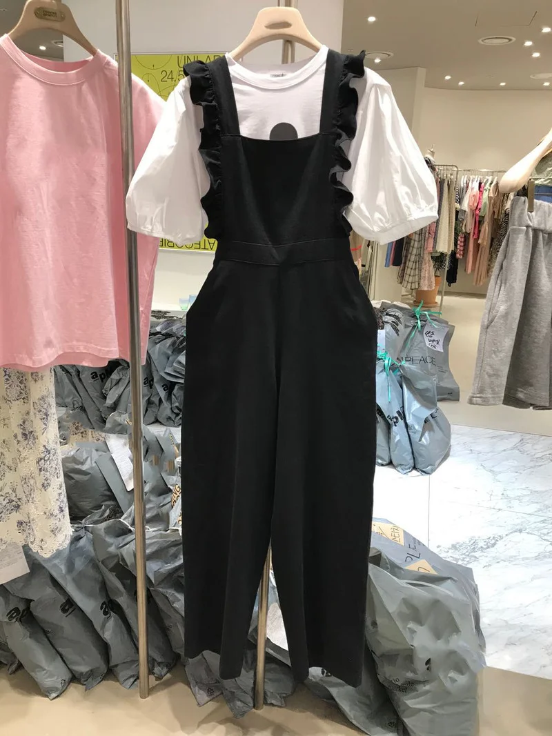 Ruffled Suspenders Straight-leg Overalls Women's Pants Loose Wide-leg Pants 2022 Spring and Summer Black Casual Women's Pants