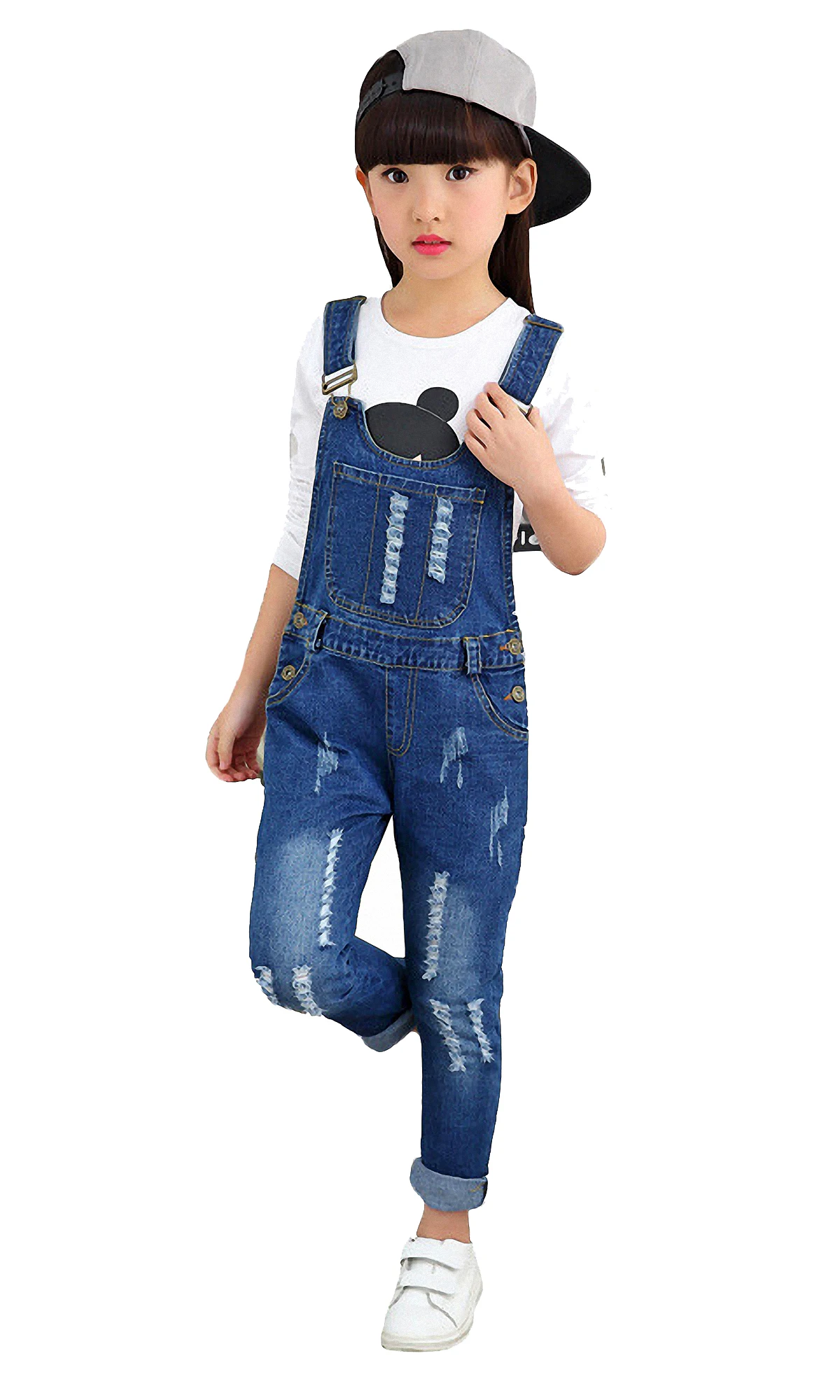 KIDSCOOL SPACE Child Girls Jumpsuit Classic Blue Slim Big Bib Ripped Holes Denim Jeans Overalls Pants Clothes