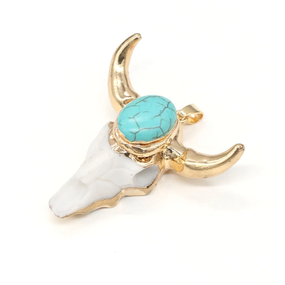 Vintage Ethnic Bull Skull Cow Bone and Amethysts Lapis Lazuli Pendant Charms Pendants for Jewelry Making DIY Necklace 46x46mm