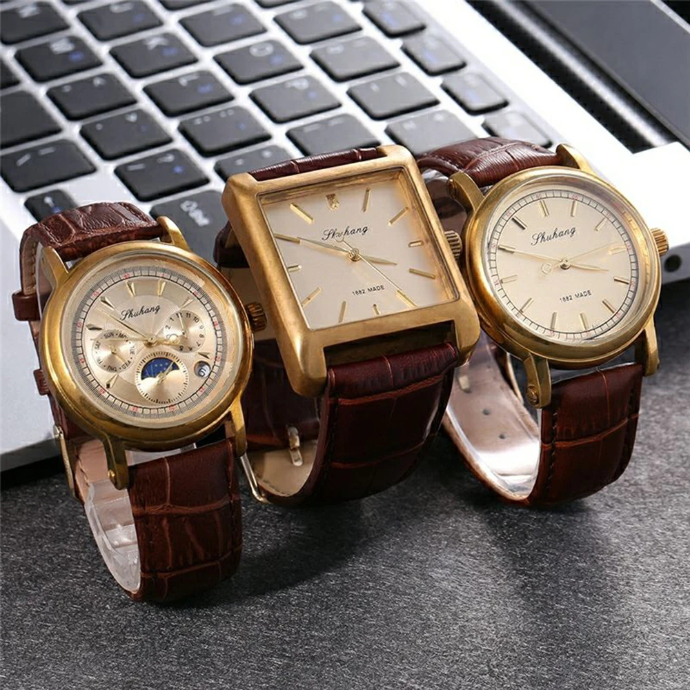 Brass Mechanical Hand Wind Wristwatches Men Retro Watch Mens Antique Designer Watches Men Calendar Water Resistant Clocks 2020