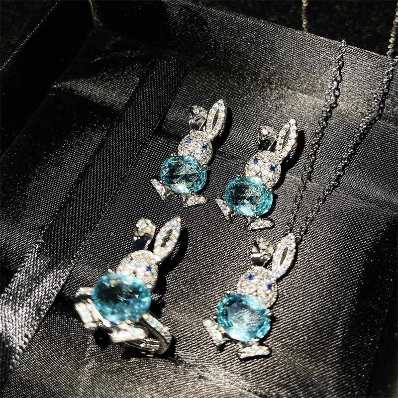 

KOFSAC Luxury Blue Crystal Zircon Cute Rabbit 925 Sterling Silver Necklaces Rings Earrings Jewelry Sets For Women Birthday Gifts