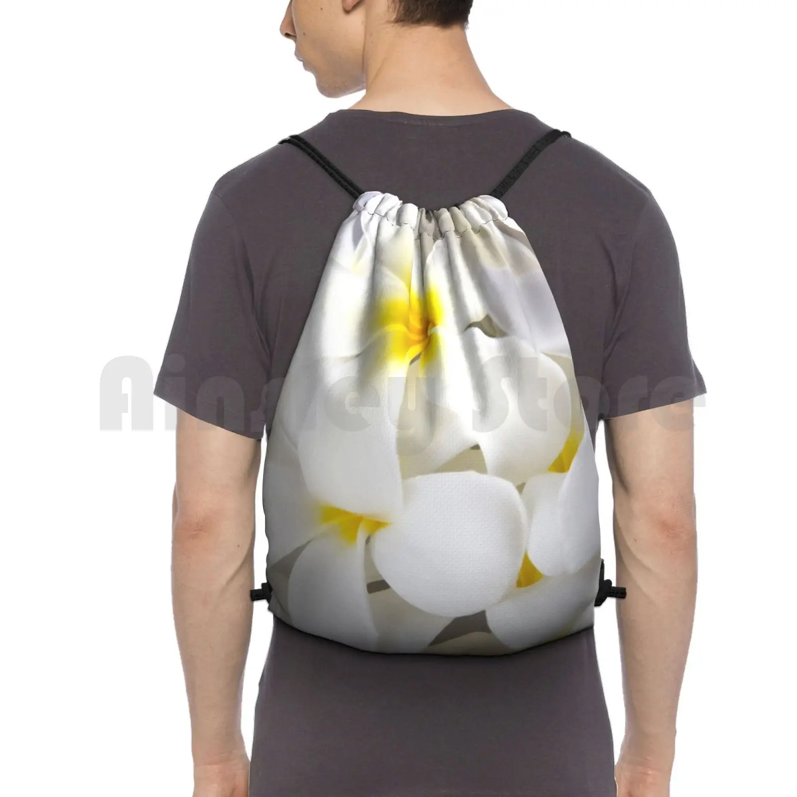 White Plumeria Tropical Frangipani Flowers Backpack Drawstring Bags Gym Bag Waterproof Plumeria Frangipani Flower Flowers