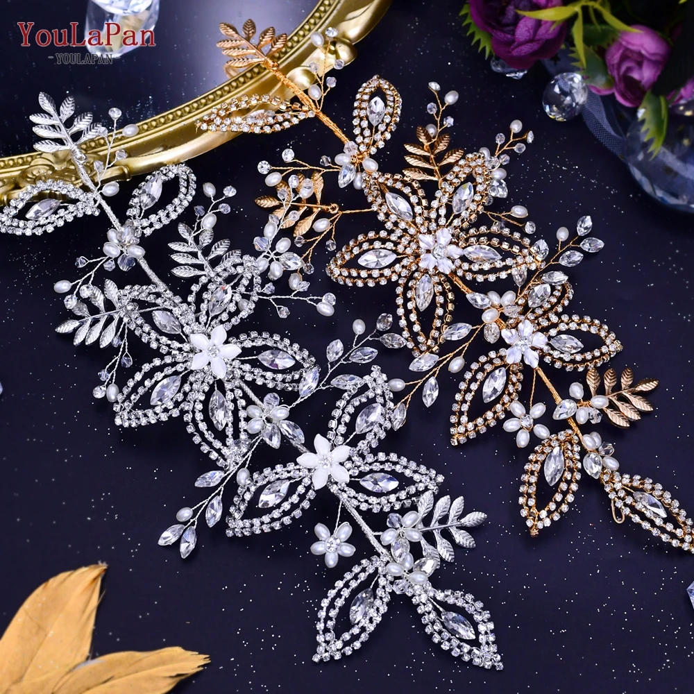 Youlapan HP305 Legering Bladeren Bruids Hoofdband Strass Bruiloft Haaraccessoires Bridal Tiara Kroon Zilveren Bruids Haar Sieraden