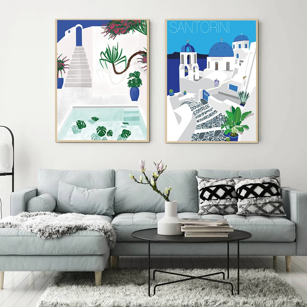 

Minimalist Travel Poster Santorini Greece Art Print Nordic Canvas Painting Modern Natural Wall Picture For Living Room Decor