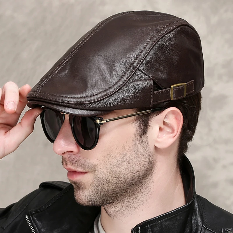 Men Street Bonnet Genuine Leather Beret Male Thin Hats 55-60 cm Adjustable Forward Cap Leisure Duckbill Casquette Cowhide