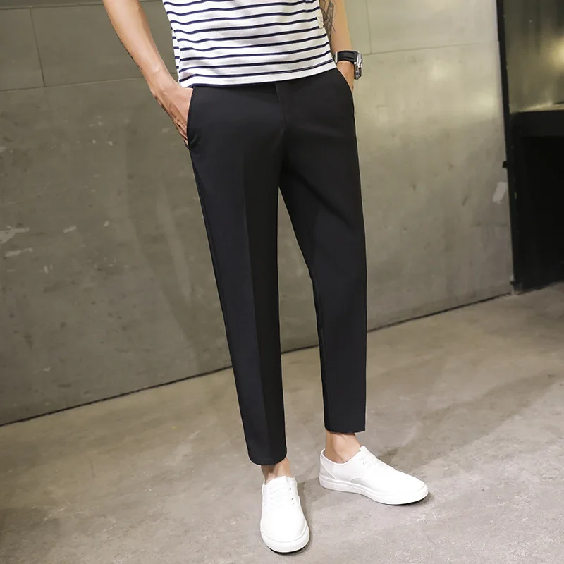 Spring Summer Men\'s Casual Pants Ankle Length Straight Classic Simplicity Solid Color Comfortable Male Business Pants