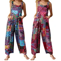 Women Ethnic Style  Jumpsuits Summer Overalls Multicolor  Square Neck Sleeveless Casual Rompers with Pockets for Girls Playsuit - Image 2