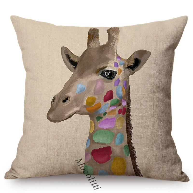 Cartoon Animal Pattern Sofa Pillow Case Pastel Painting Funny Monkey Rabbit Deer Cow Giraffe Kid's Room Decoration Cushion Cover