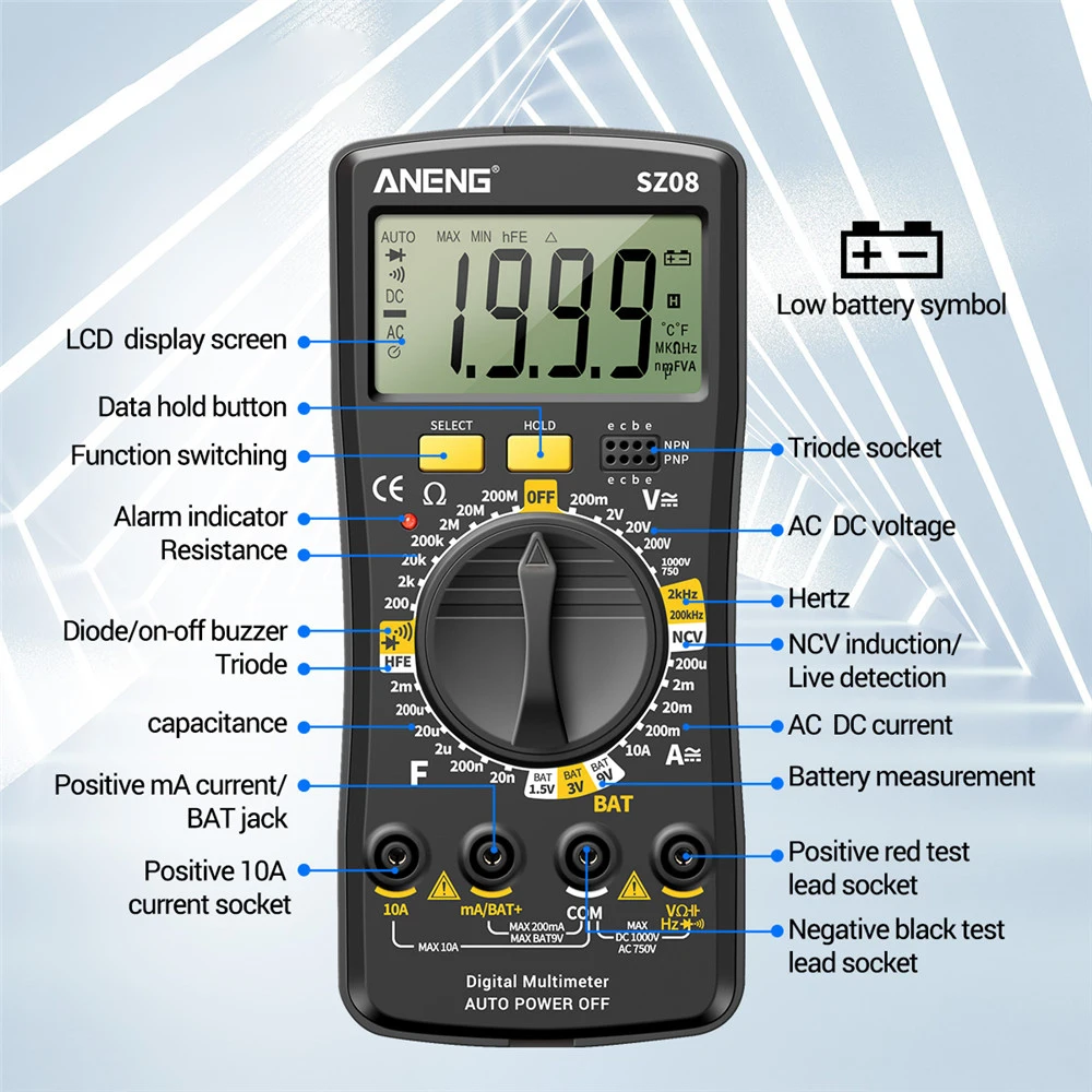 SZ08 multimetro digitale di archiviazione ultrasottile misuratore professionale voltmetro automatico AC DC 220V tester di resistenza per maniglie