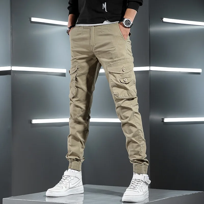 Men Tactical Cargo Pants Streetwear Multi Pocket Hip Hop Joggers Light Gray Cotton Slim Fit Trousers