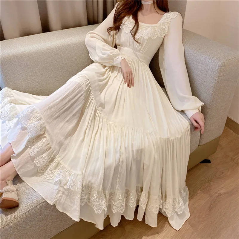 Women Slim Elegant High Waist Bow Ribbon Belt Lace Square Collar Long Dress Ladies Vintage Korean Sexy Party Beach Dress