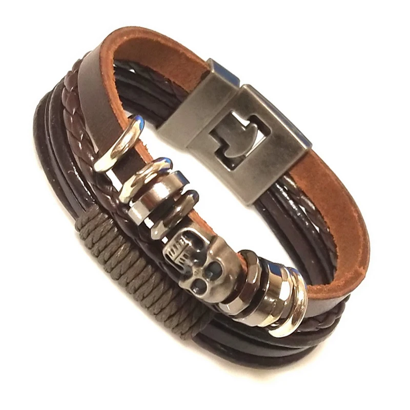 Black/Brown Lucky Vintage Men\'s Skull Leather Bracelet Charm Multilayer Braided Women Pulseira Masculina