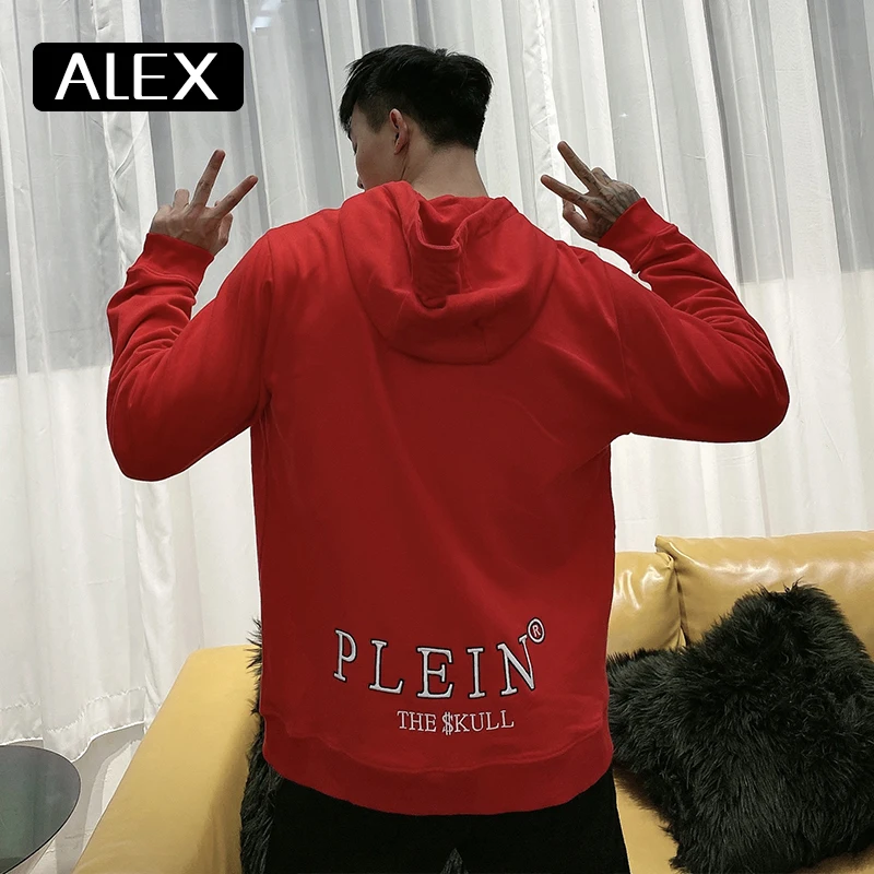 AlexPlein hoodie men sweatshirts one piece skull embroidery streetwear men 100% cotton couple clothing tracksuit men fashion red