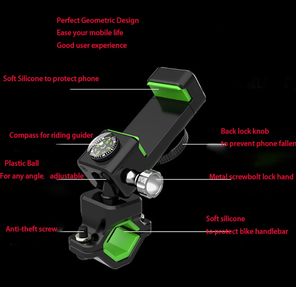 Multi-Functional Burglarproof Phone Bracket, Motorcycle Phone Holder with Compass Guider and LED Light, Upgrading Design