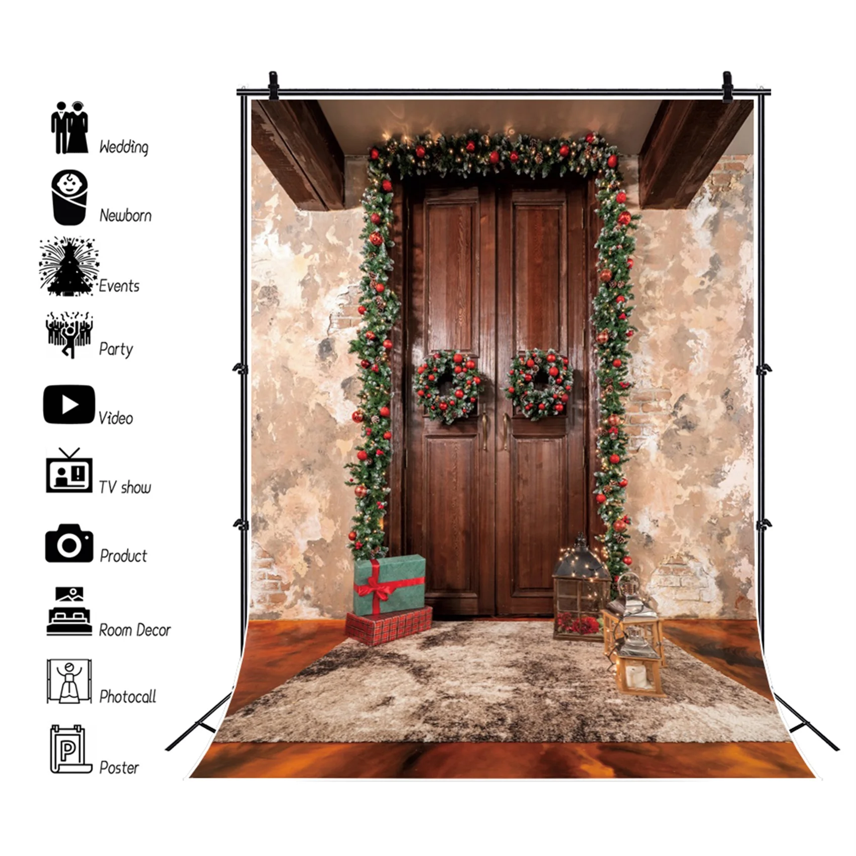 

Christmas Wreath Vintage Wall Photo Background Wood Door Gift Baby Newborn Portrait Photography Backdrop Banner For Photo Studio