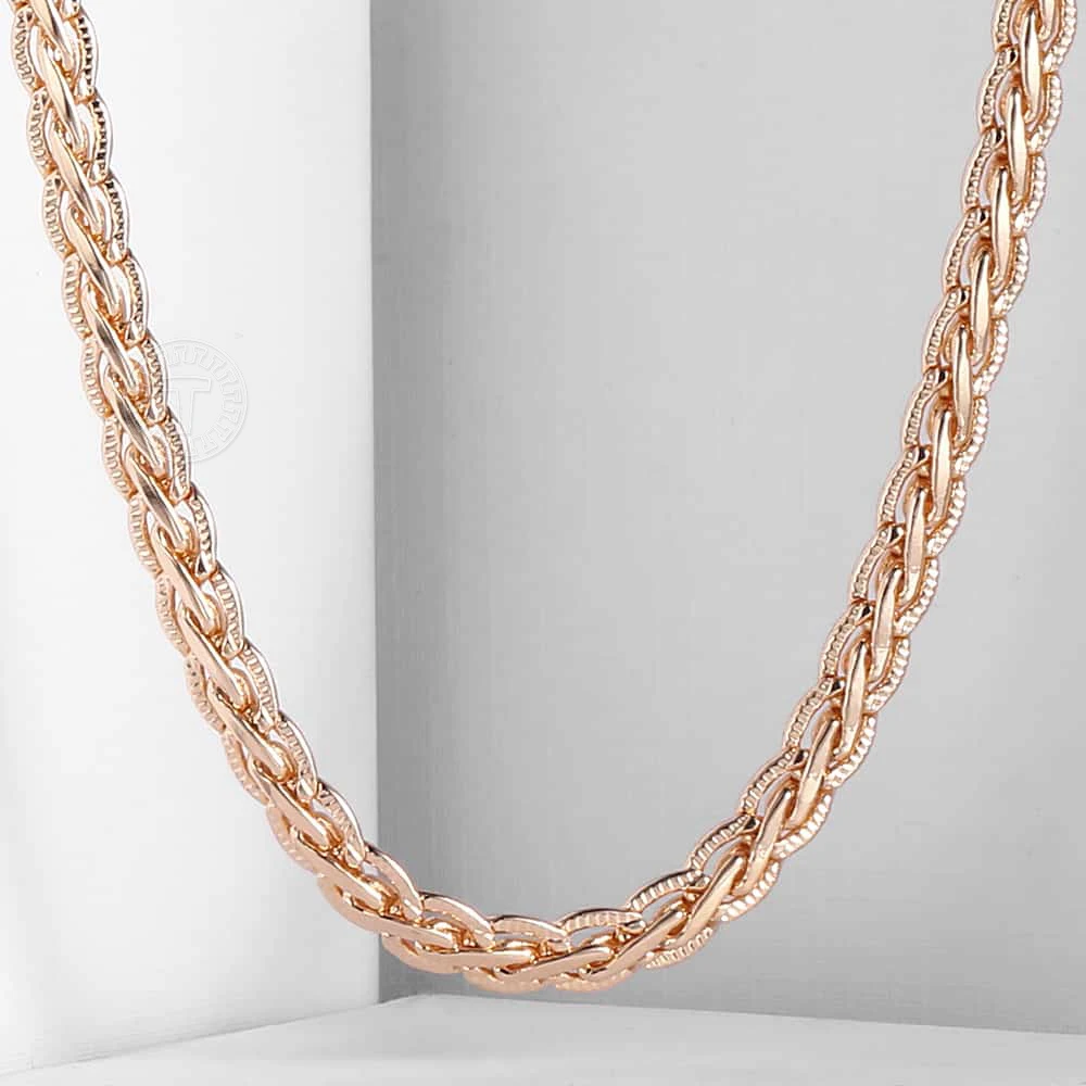 

5.5mm Womens Mens Necklace Flat Hammered Wheat Chain 585 Rose Gold Color Necklace Fashion Wedding Party Jewelry 50/60cm DCN02