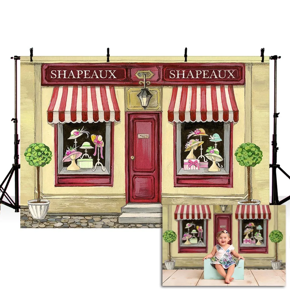 

Mehofond Shapeaux Store Backdrop Vintage Hand Painted Hats Shop Window Baby Portrait Photography Background for Photo Studio