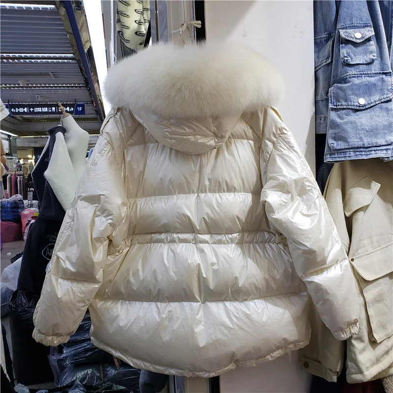 Cotton Glossy Female Winter New Jacket Fox Fur Collar Multi-Pockets Diamond Parkas Hooded Drawstring Women Elegant Warm Coat