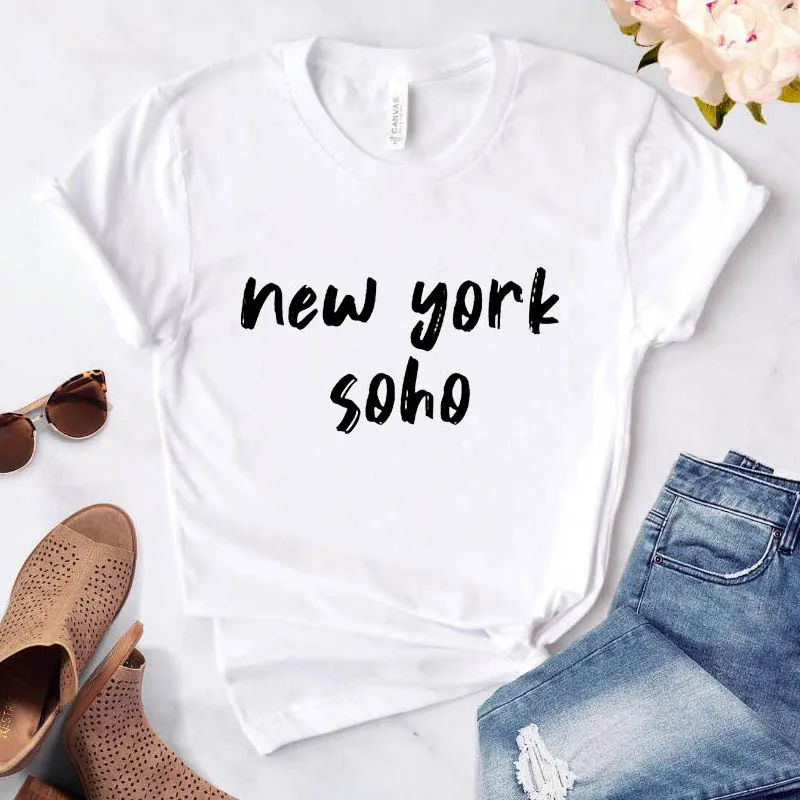 Women\'s t-shirt New York Soho alphabet cotton funny T-shirt ladies Top Tee fashionable Harajuku top T-shirt