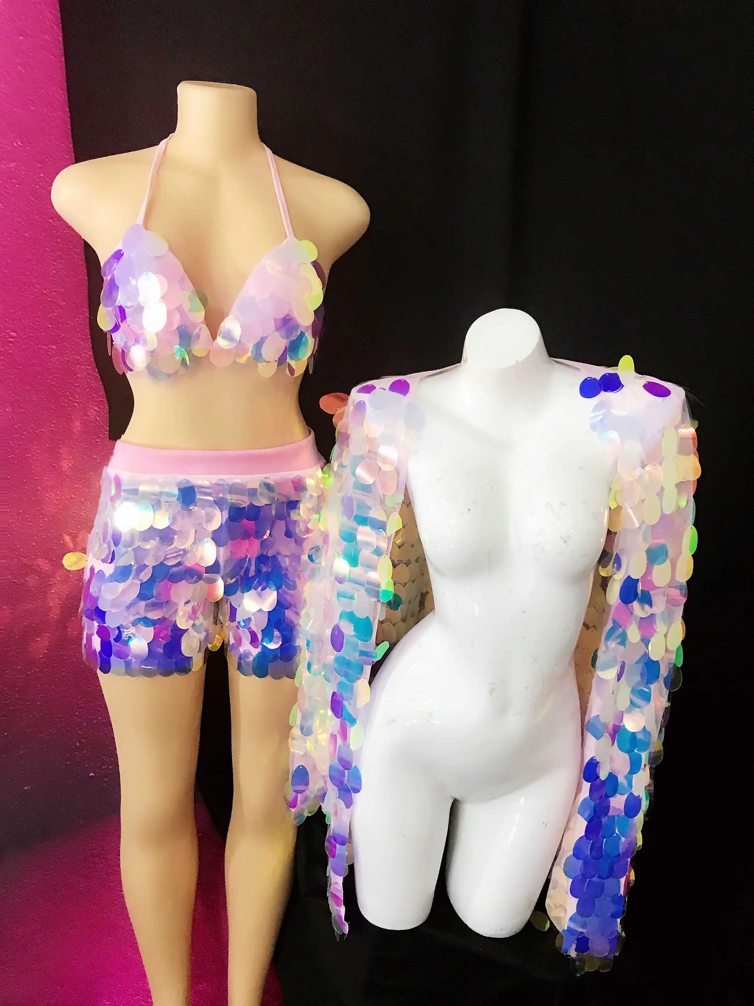 Club Party Show Music Festival Rave Outfits Pink Purple Sequins Bra Shorts Coat 3 Piece Nightclub Singer Glitter Stage Costume