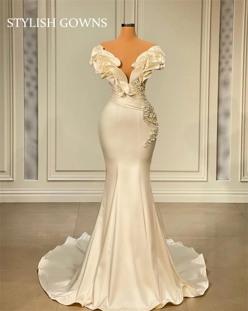 Elegante Neue Weiß V-ausschnitt Hochzeit Kleid Rüschen Abendkleid Perlen Perlen Braut Ehe Formale Kleider Robe De Bal