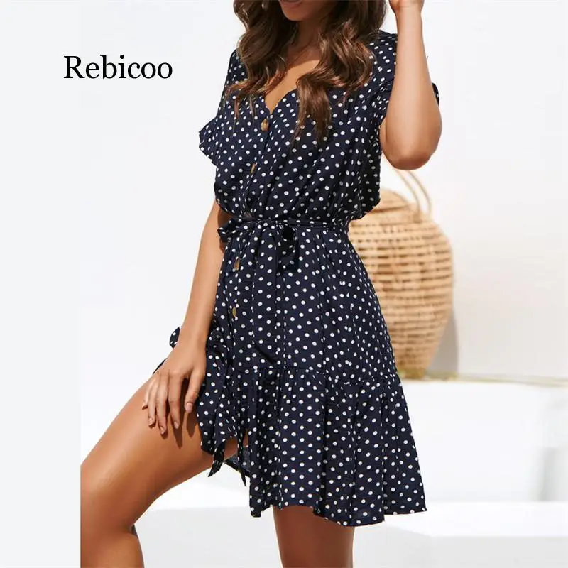 

Summer Chiffon Dress Polka Dot Boho Beach Dress Vintage Ruffles Short Sleeve A-Line Party Mini Dress Sundress Vestidos