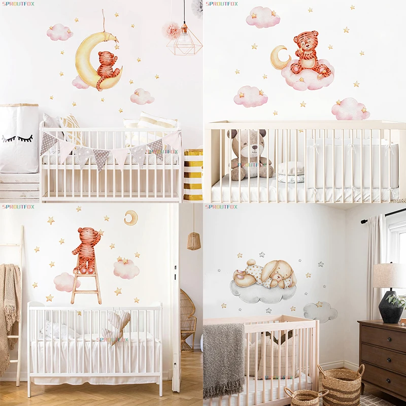 Cute Bear Moon Star Wall Stickers for Kids Rooms Cartoon Animal Wall Decals Removable Vinyl Art Mural for Nursery Girls Boy