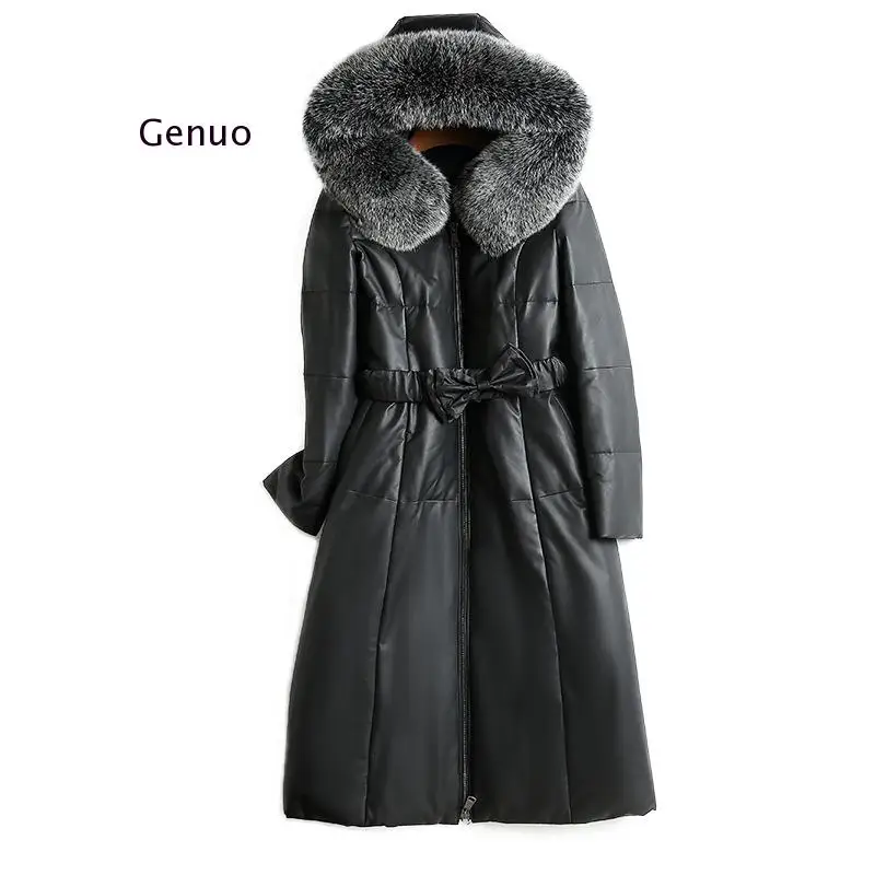 

2020 Pu Leather Jacket Women Winter Big Imitation Mink Fur Collar Long Coat Mid-Length Slim Elegant Put Cotton Fashionable Parka