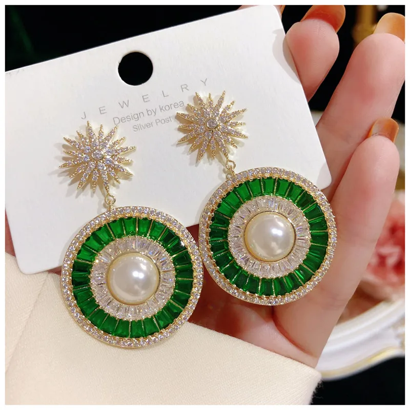 S925 Needles Drop Earrings For Women Artificial Emerald T Cubic Zirconia Fine Jewelry Disc Star Luxury Bridal Accessories