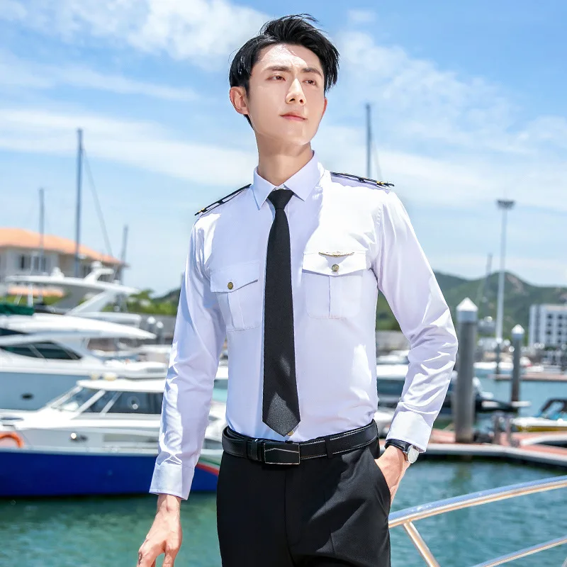 White Pilot Uniform Shirts Men 2024 Autumn Casual Long Sleeve Slim Fit Single Breasted Stewardess Captain Office Work Clothes