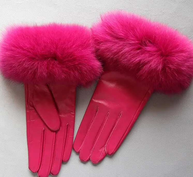 Women's natural big fox fur genuine leather glove lady's warm natural sheepskin leather plus size rose driving glove R2446