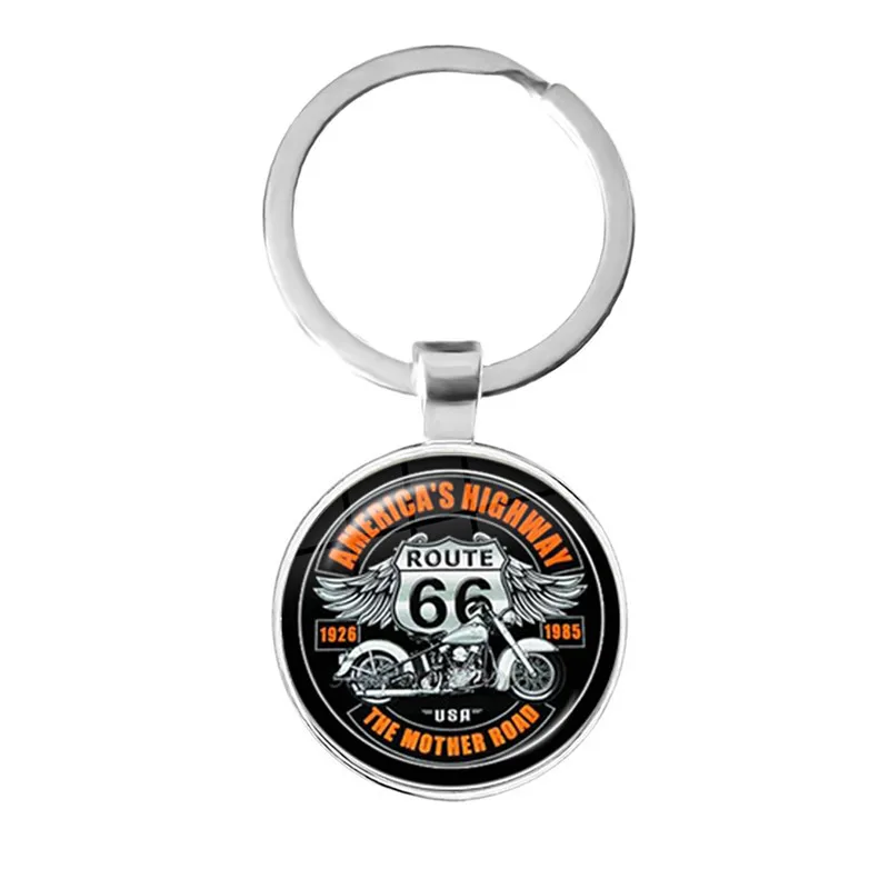 Vintage ROUTE 66 Keychain Motorcycle Car Key Chain Handmade Art Photo Glass Cabochon Key Ring Holder Women Men Jewelry Chaveiro