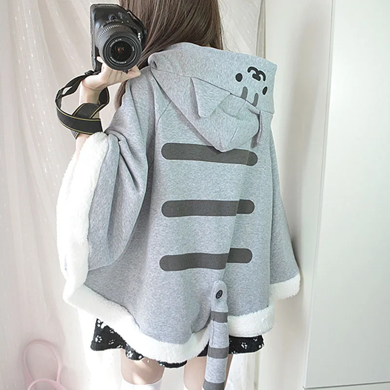 Anime Cute Cat Cloak Hoodies Coat Fleece Cloak Back Tail Kawaii Xmas Gift Gray Spring Autumn Warm Hooded Sweatshirt Hoodies Girl