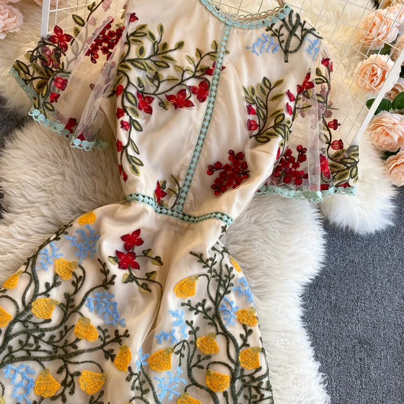 فستان SINGREINY بتصميم شبكي عتيق للنساء بأكمام قصيرة وكشكشة على شكل حرف a فستان صيفي أنيق عالي الجودة ملابس خروج أنيقة