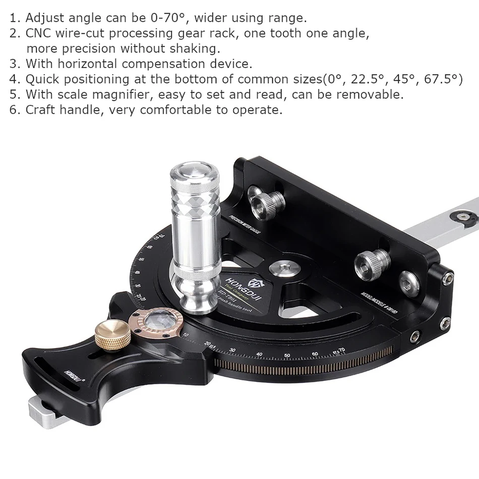 Calibro per mitra di precisione GanWei sega da tavolo per la lavorazione del legno da 0-70 gradi righello angolare per montaggio con maniglia a spinta con impostazione 0 ° 22.5 ° 45 ° 67.5 °